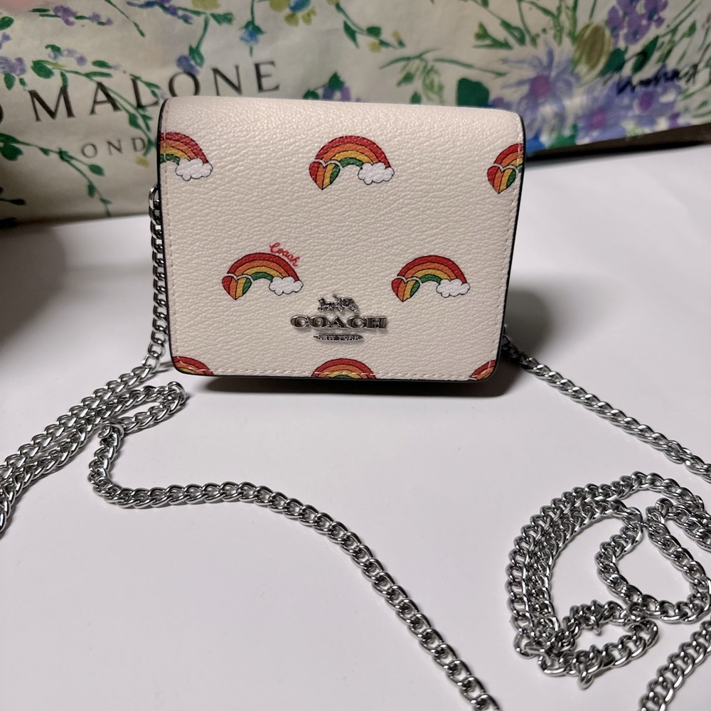 Coach Mini Wallet On A Chain With Rainbow Print Silver/Chalk Saddle